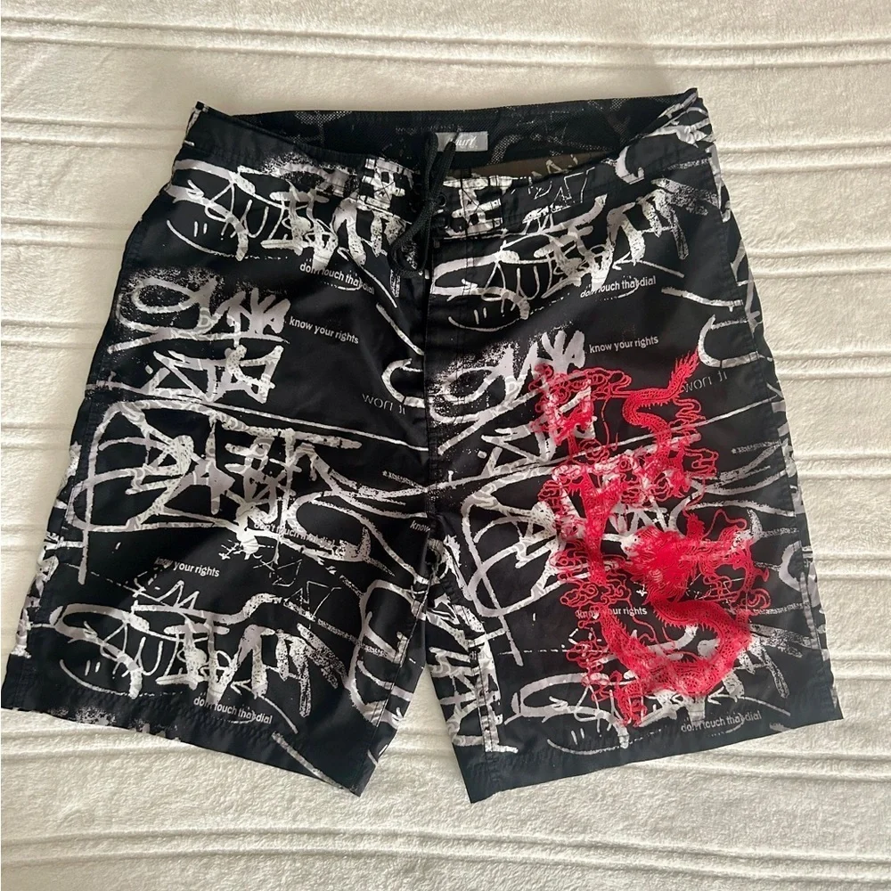 Utility Red and Black Urban Swim Shorts with Graphic Design​​​​​
